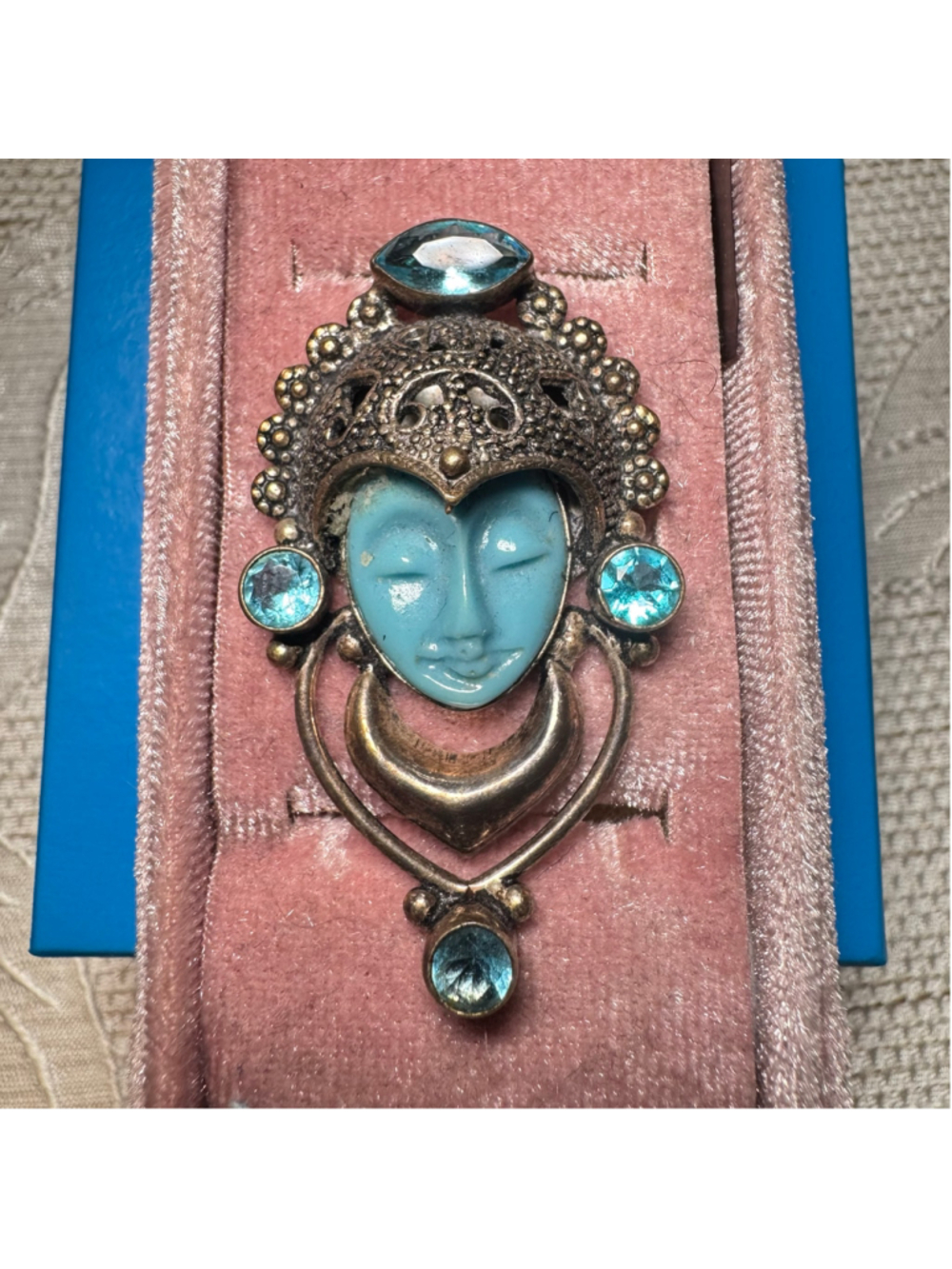 Statement Moon Goddess Face Turquoise-colored Silver ornate ring Size 5.5